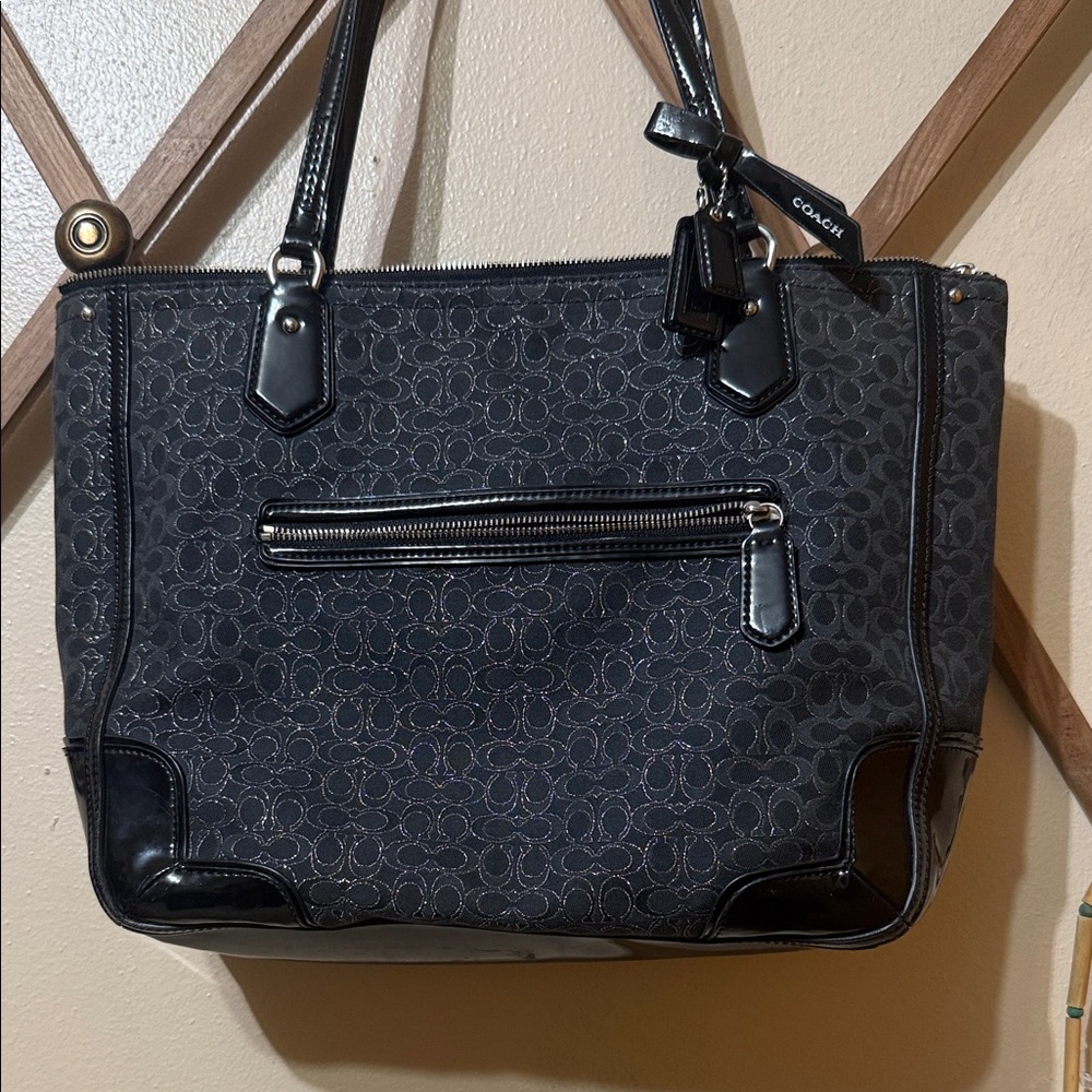 Coach Black Signature Canvas Tote with Patent Trim